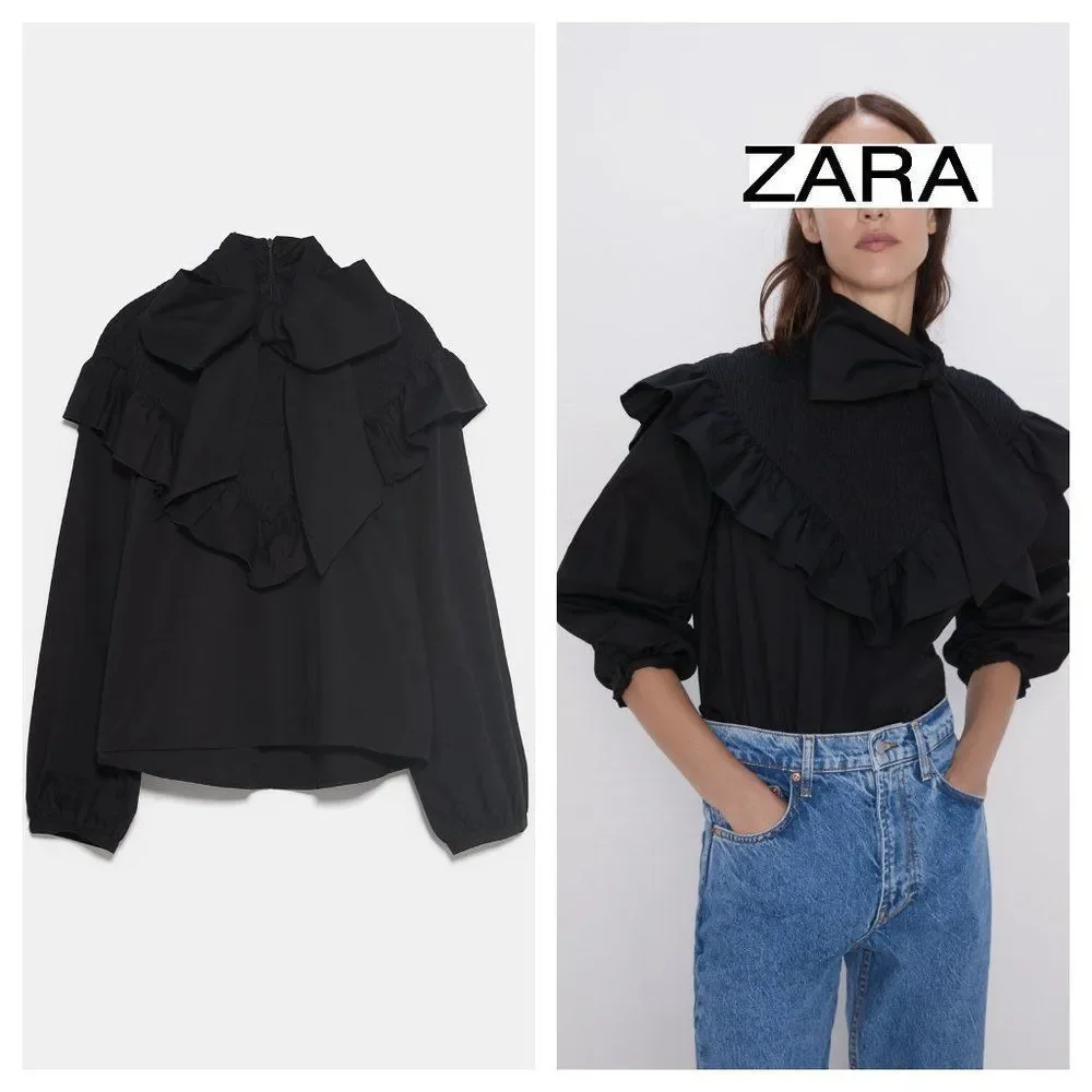 ZARA Bow Tie Ruffle Poplin Blouse Top